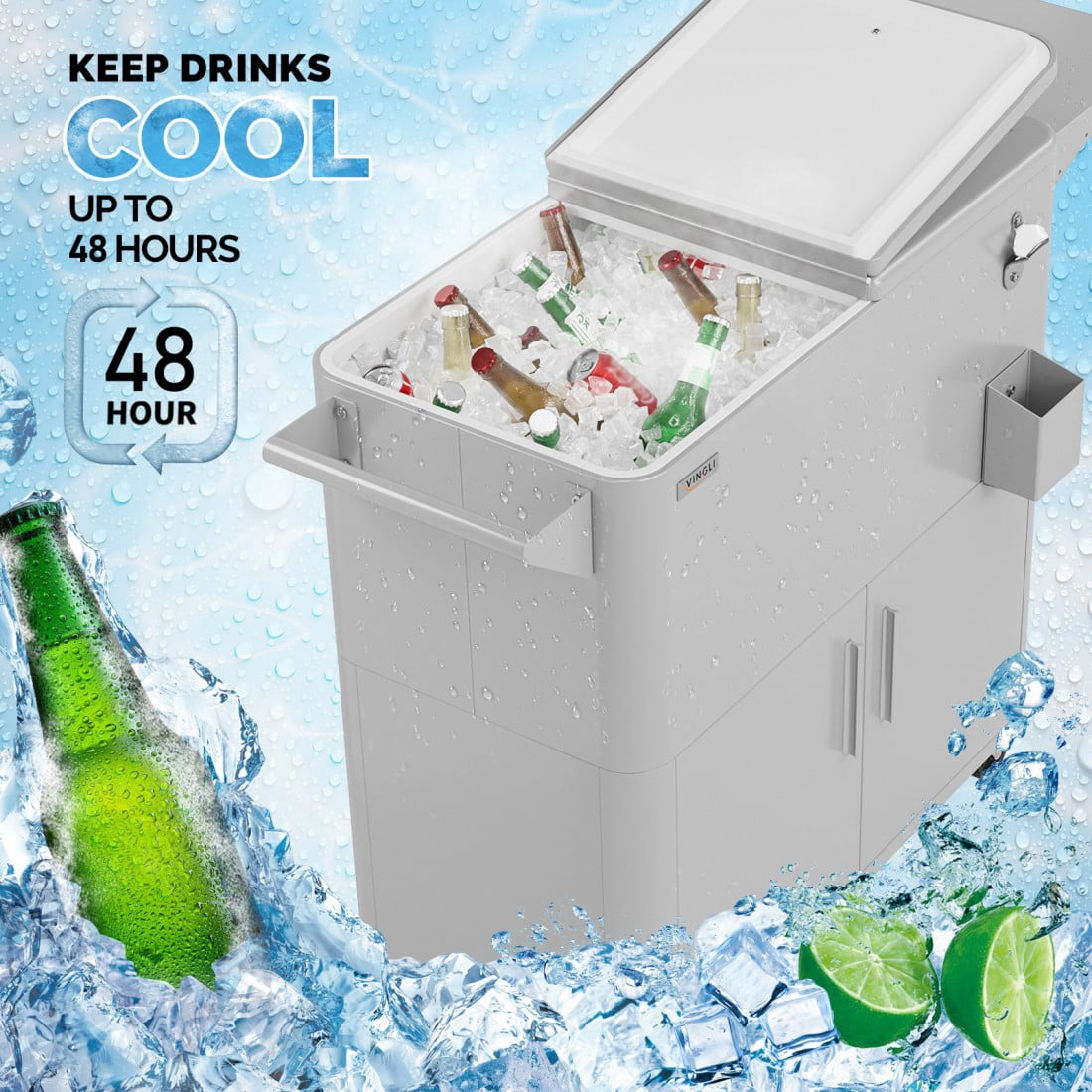 Hassch 80QT Rolling Cooler w/ Storage Cabinet & Foldable Side Panel, Outdoor Warm & Cooling Party Cart with Lockable Wheels, Bottle Opener & Drain Hole, for BBQ, Backyard, Poolside, Light Gray