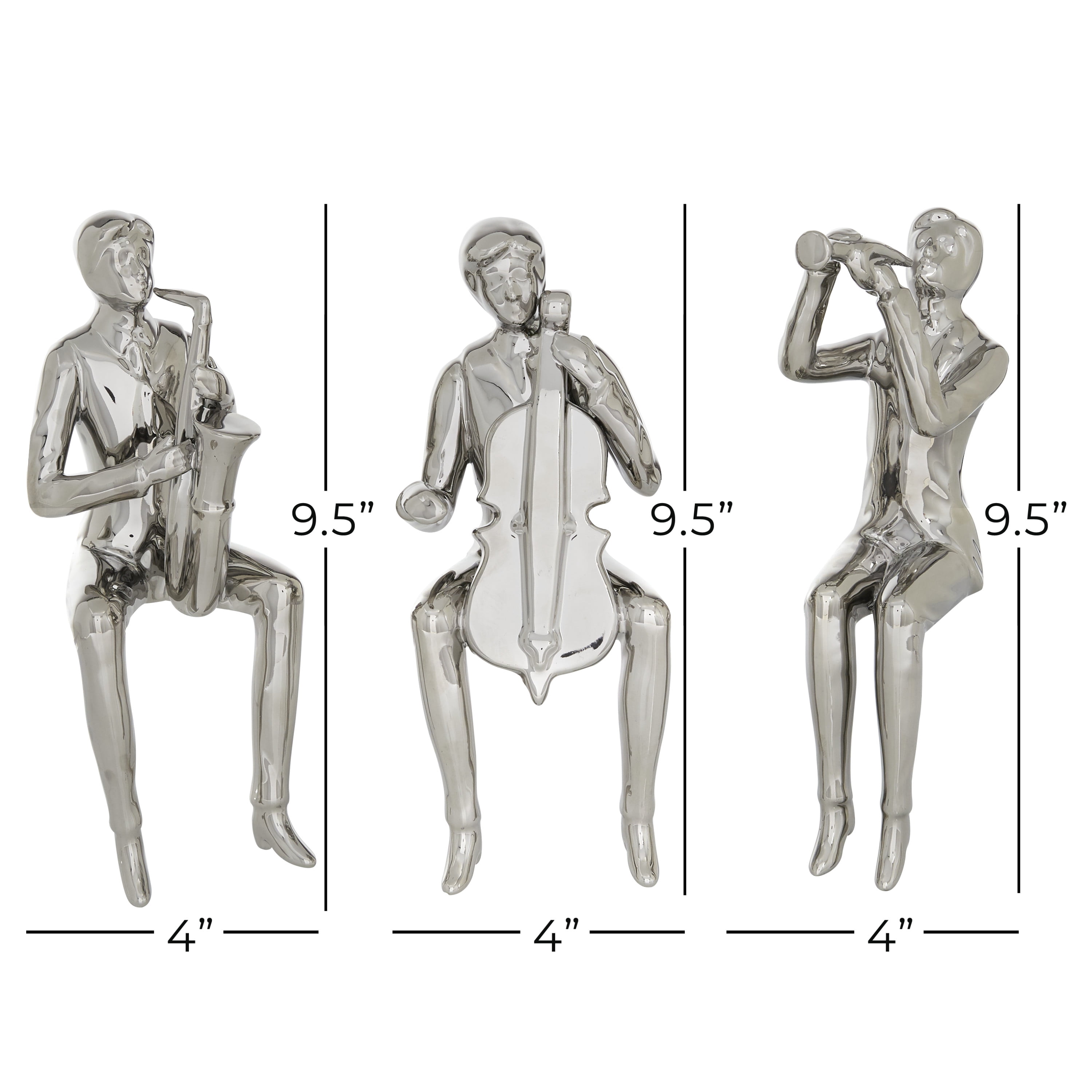 4"W, 9"H Silver Porcelain Shelf Sitting Musician Sculpture, by DecMode (3 Count)