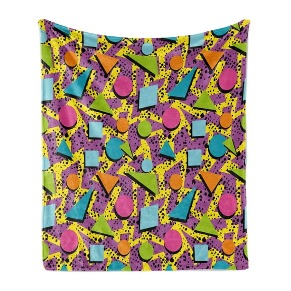 Vintage Soft Flannel Fleece Throw Blanket, Funky Geometric 80s Memphis Fashion Style Colorful Pop Art Inspired Pattern, Cozy Plush for Indoor and Outdoor Use, 70" x 90", Multicolor, by Ambesonne