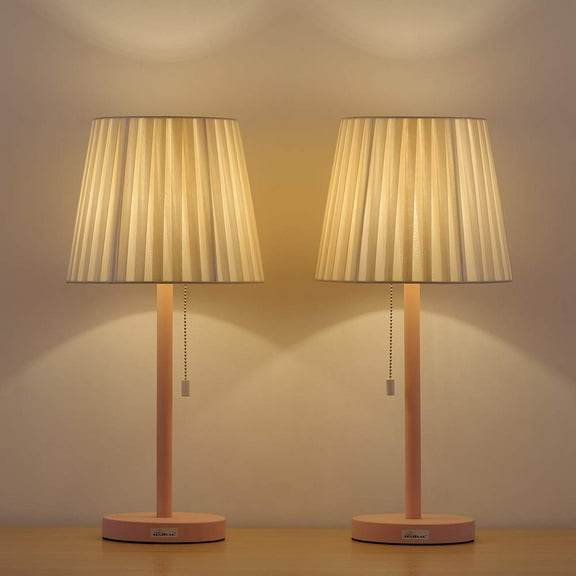 HAITRAL Two White Vintage Wooden Table Reading Lamp Pull Chain Switch