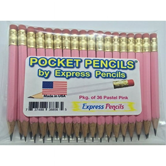 Half Pencils with Eraser - Golf, Classroom, Pew, Short, Mini - Hexagon, Sharpened, 2 Pencil, Color - Pastel Pink, Pkg of 36 Pocket Pencils by Express Pencils
