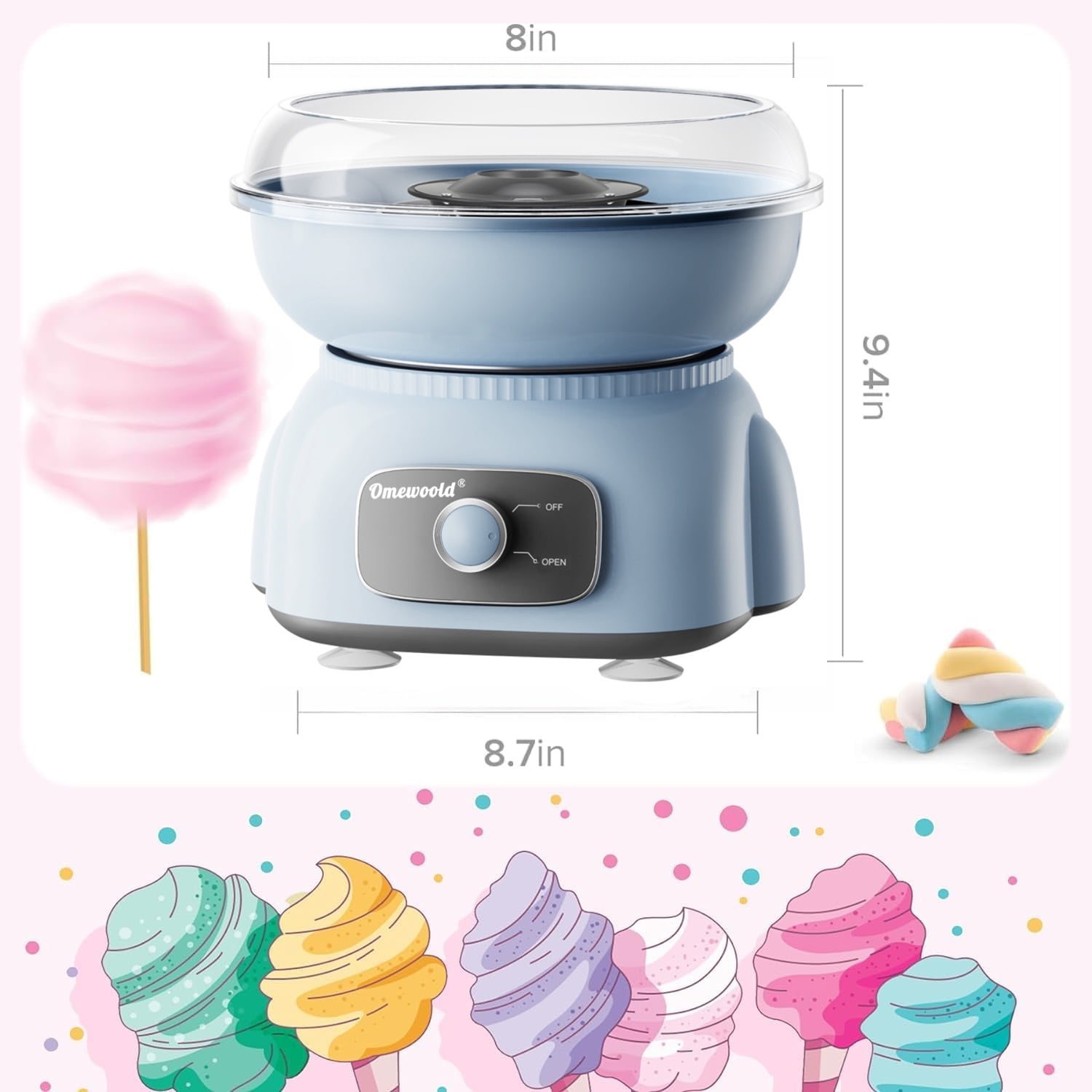 Cotton Candy Machine, Cotton Candy Maker 500W Hard Candy Floss Sugar Maker Machine With Sugar Spoon Birthday Party Gift Blue