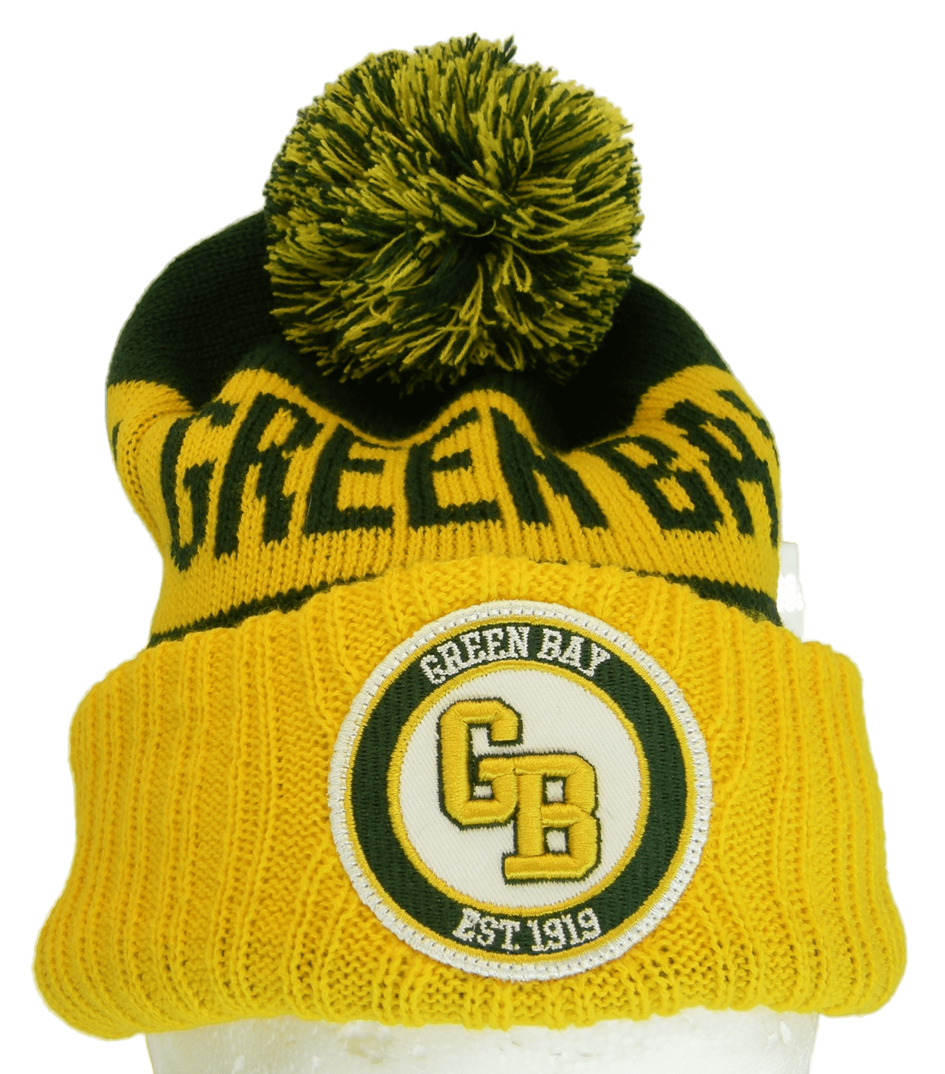 Green Bay GB Patch Cuff Knit Winter Beanie Hat (Green/Gold)