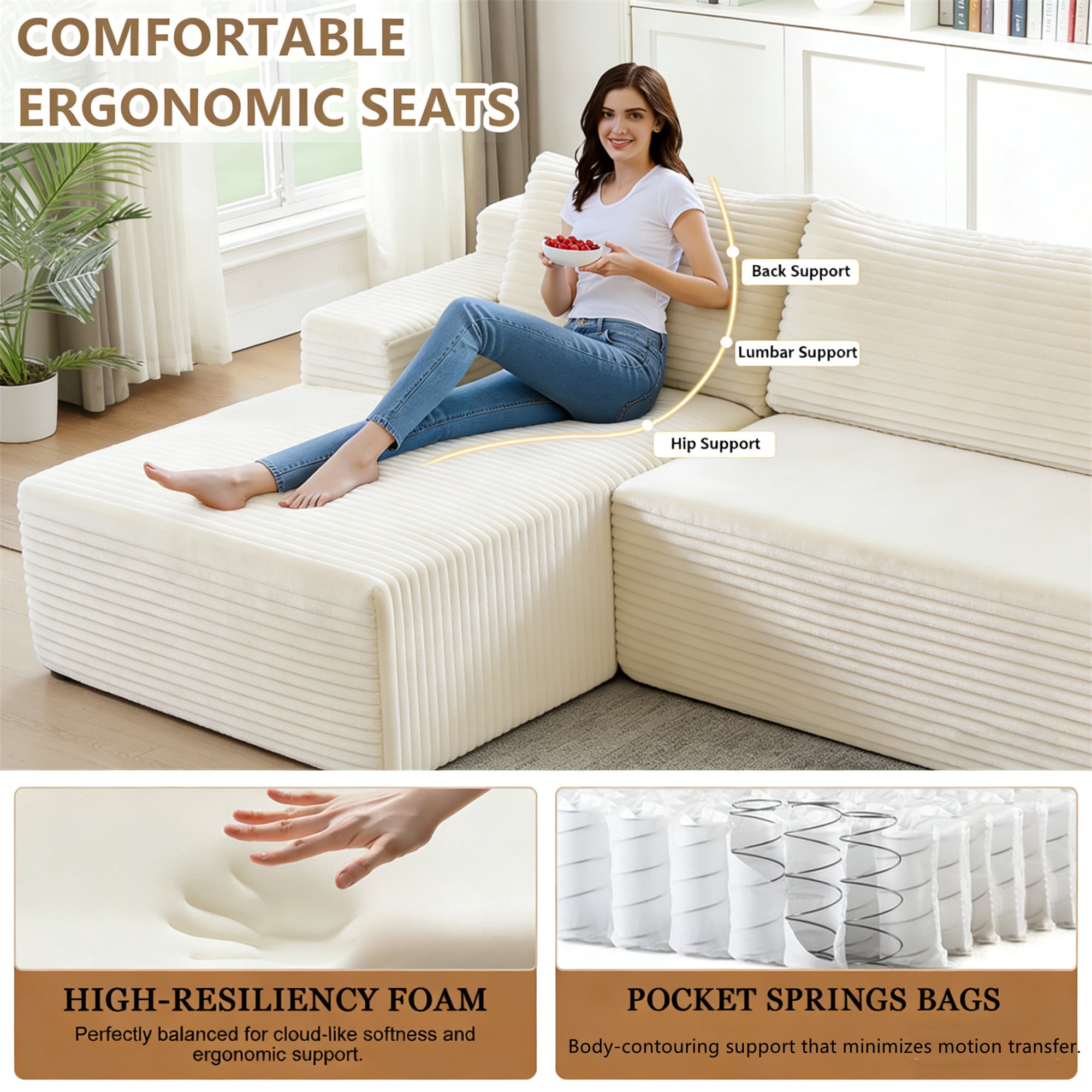 Aukfa 105" Cloud Sectional Sofa Boneless Couch Modular Sofa Bed for Living Room, 2Pillows, Left Chiase, Corduroy, Beige