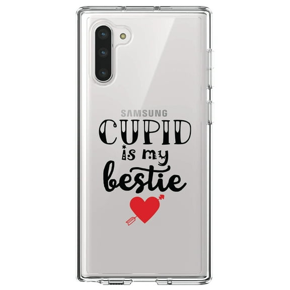 DistinctInk Clear Shockproof Hybrid Case for Samsung Galaxy Note 10 (6.3" Screen) - TPU Bumper Acrylic Back Tempered Glass Screen Protector - Cupid is My Bestie - Heart - Valentine