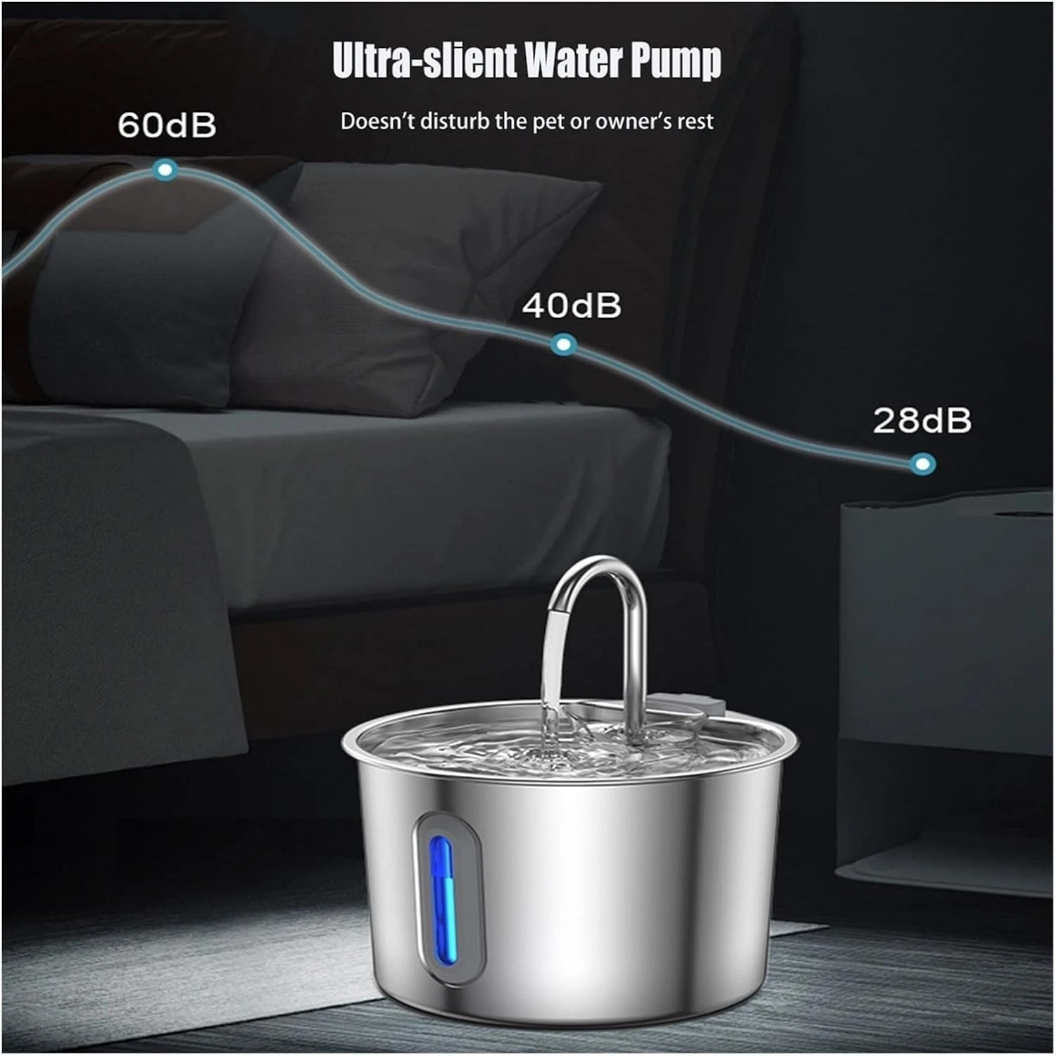 DFS Stainless Steel Automatic Pet Water Fountain, 2.2L/ 75oz Pet Dog Stainless Steel Water Dispenser Includes 2 Replacement Filters & Sponges for Cats & Dogs