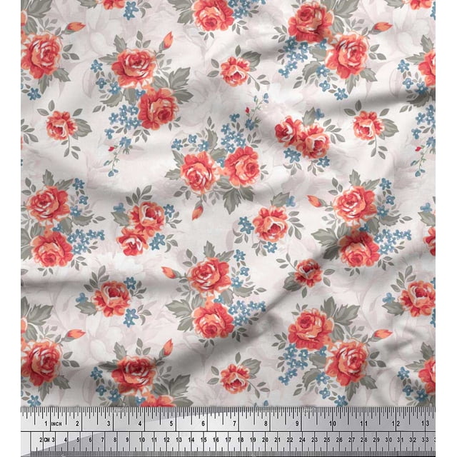 Soimoi Tissu Popeline de Coton Imprimé Feuilles & Roses au Mètre 56 Pouces de Large