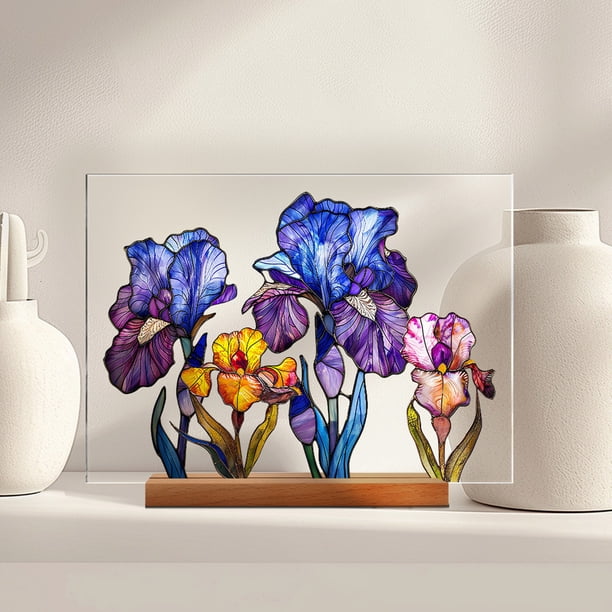 Exhibición de Escritorio Impresa En Acrílico Decoración Floral Base de Madera Adorno de Escritorio Transparente