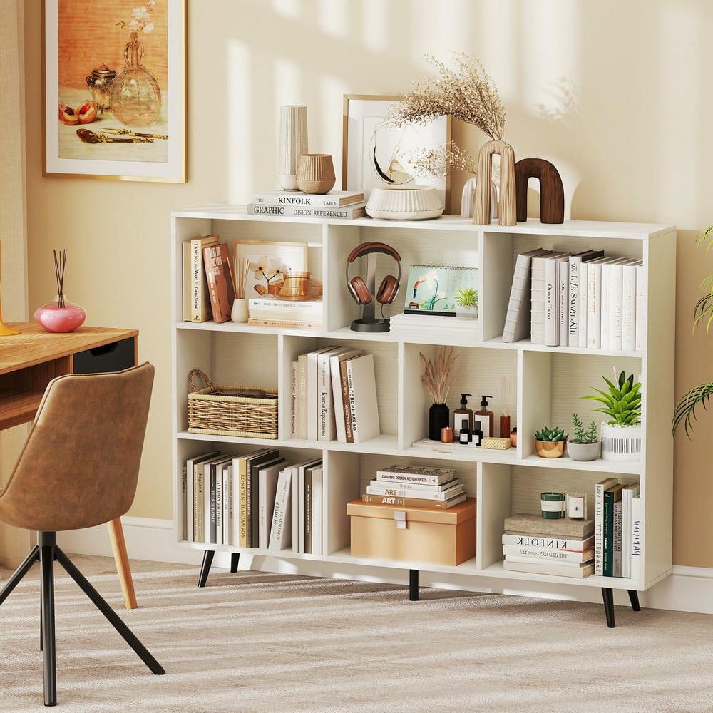 Resenkos 10-Cube Bookcase with 5 Tapered Metal Legs, White + Black