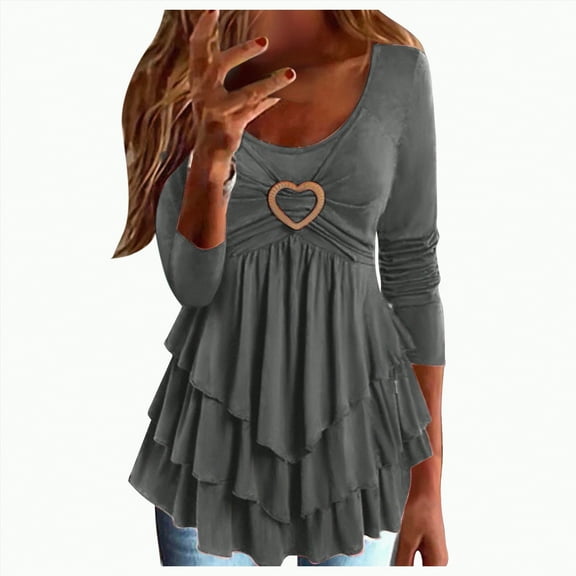 Kaprioy Long Sleeve Shirts for Women Dressy Casual Fall Fashion Blouses Ruffle Tiered Swing Tunic Going Out Tops GY1, L