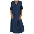 thumbnail image 1 of Robe en Denim Décontractée pour Femmes Col en V Manches Roulées Boutons Robe Longue Ample, 1 of 2