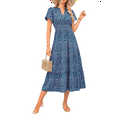 thumbnail image 3 of Summer Maxi Dresses for Women 2025 Casual V Neck Puff Short Sleeve Smocked Flowy Beach Boho Long Floral Dress Blue L, 3 of 7