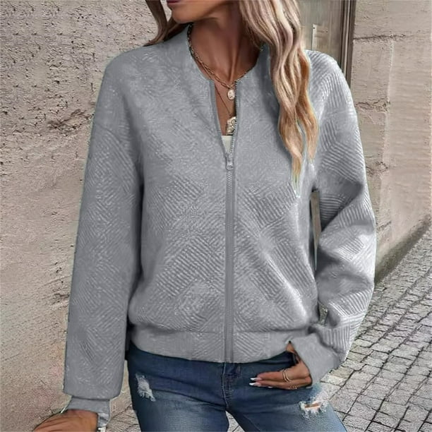 Sudadera informal de manga larga con capucha y chaquetas para mujer Sudadera holgada de manga larga con cremallera Chaqueta informal de béisbol de punto grueso Chaqueta de poliéster para mujer