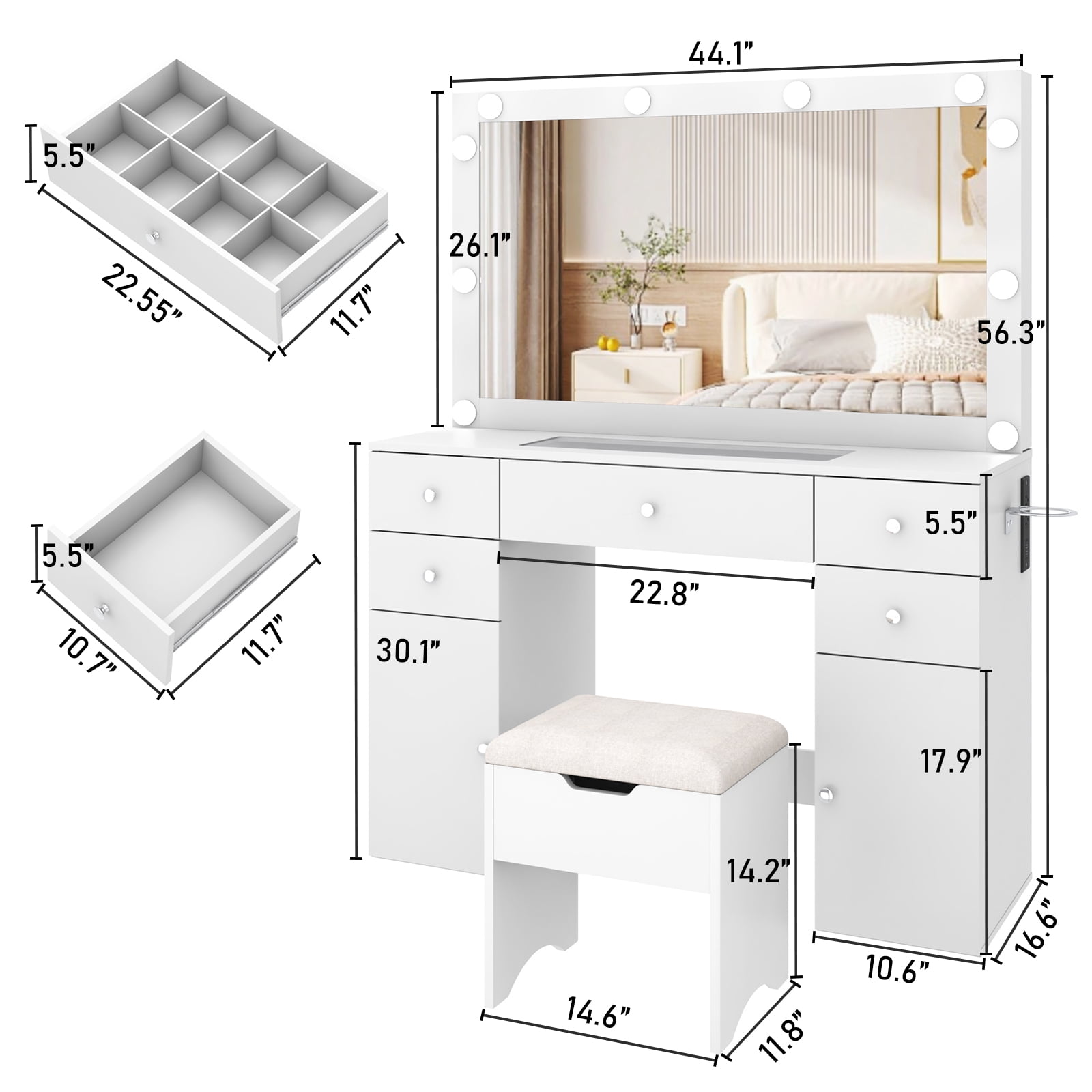 White Vanity Desk with Large Lighted Mirror & Power Outlet, Makeup Vanity Table with Glass Top & Drawers, Sliding Storage, Vanity Set with Storage Stool