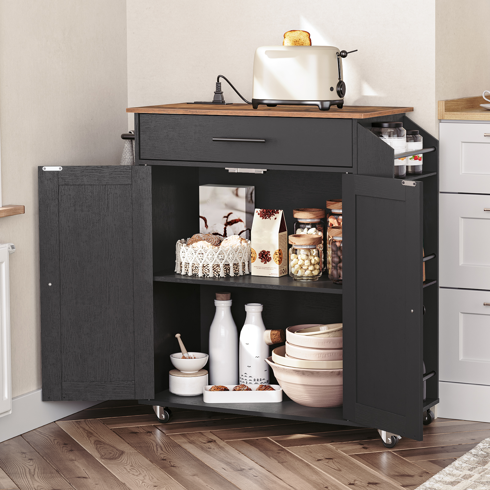 HOOBRO Kitchen Island with Power Outlet, Storage Island with Spice Rack and Drawer, Rolling Kitchen Cart on Wheels, for Home, Dining Room, Rustic Brown and Black BF82UZD01G1