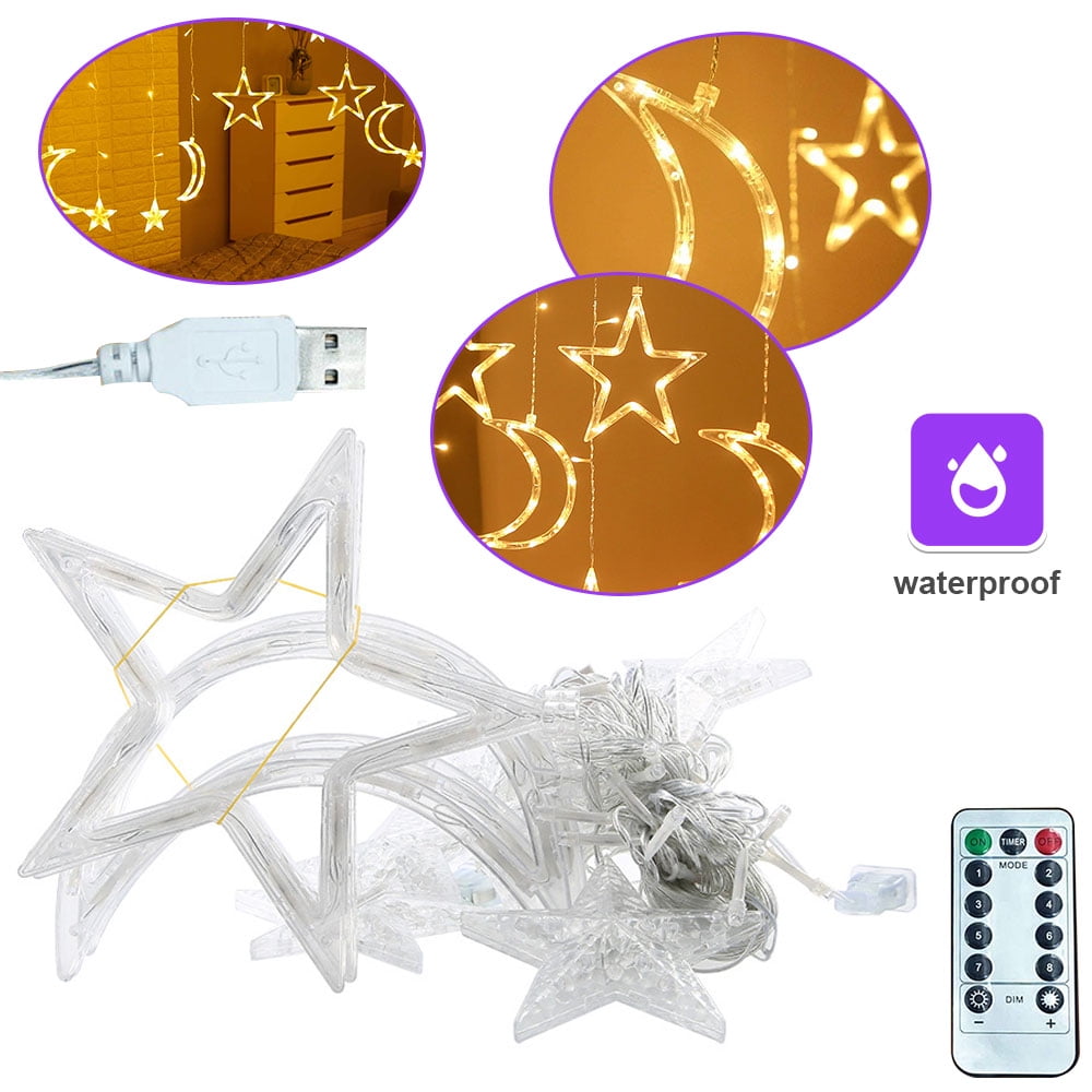 SHELLTON 120 LED Curtain String Light Star Moon Icicle Light with 8 Lighting Modes, with Timer