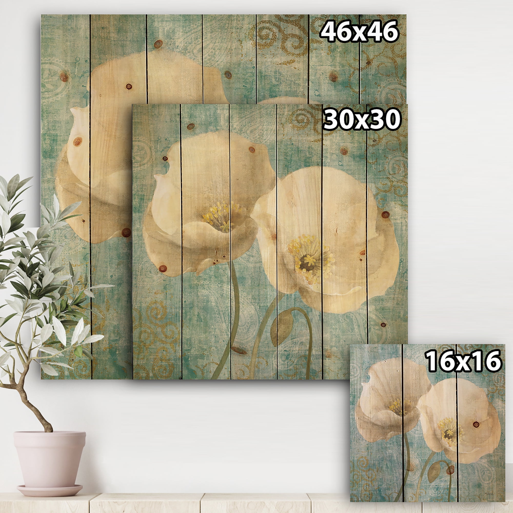 Designart 'White Poppies on Paisley' Cottage Print on Natural Pine Wood