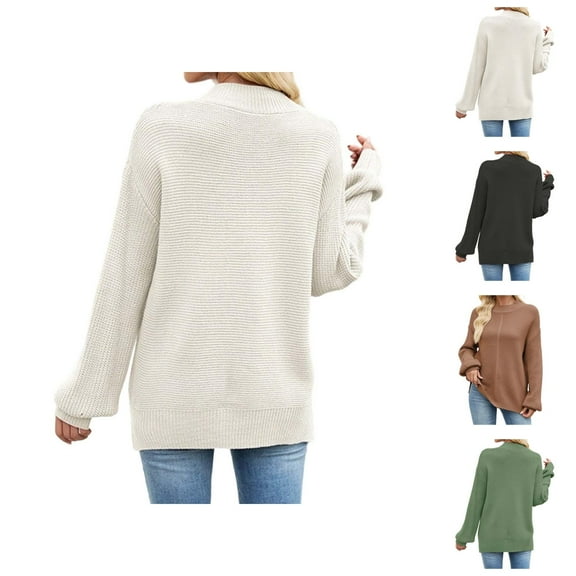 Women's Clothing Casual Pullover Knit Sweaters Cozy Winter Teacher Casual Outfit Women's Knit Pullover Sweater Casual Loose Fit Semi High Neck Solid Color Basic Top For Fall Winter Comfort Wear