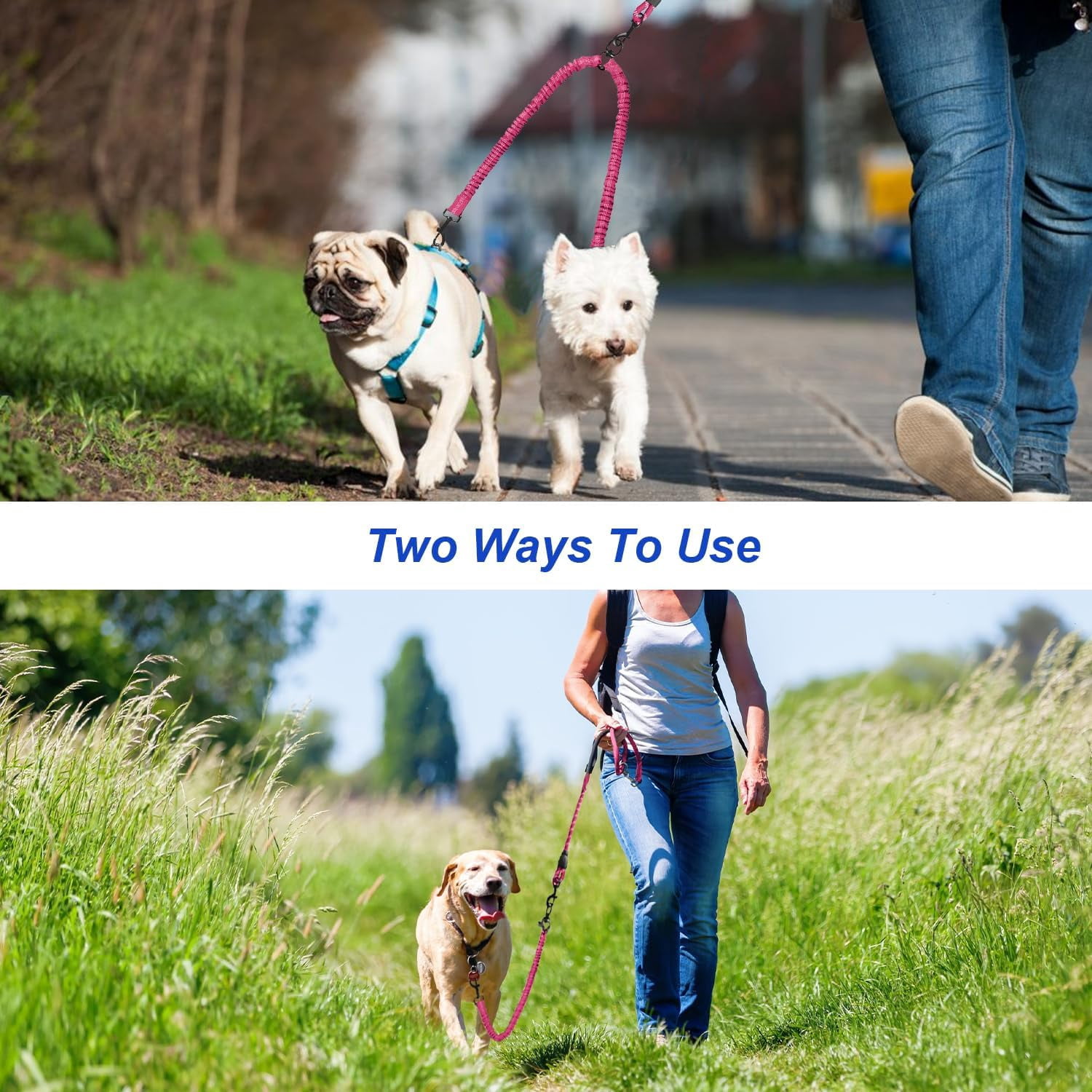 Double Dog Leash, Dual Dog Leash, 360° Swivel Tangle Free Bungee Walking Training for Large Medium Dogs, Shock Absorbing Bungee Reflective for Two Dogs, 18~121 lbs, Black