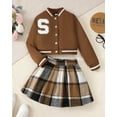 thumbnail image 2 of Kucnuzki 13 Years Big Girls Winter Outfits 14 Years Youth Teen Kids Clothes Long Sleeves Letter Embroidery Baseball Jacket Coat Plaid Pleated Skirts Set 2pcs Clothing Brown, 2 of 8