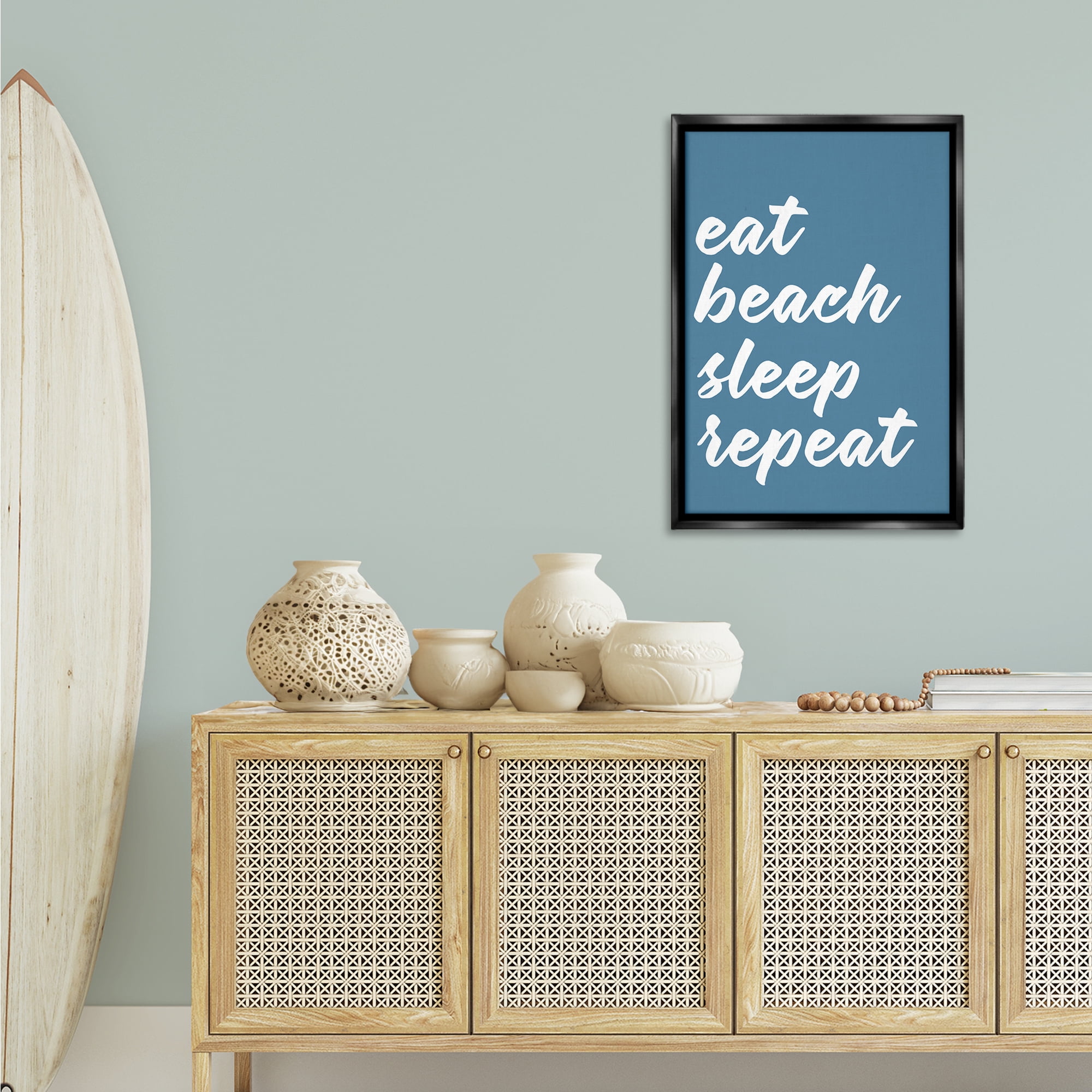Stupell Industries Beach Repeat List Typography Painting Black Floater Framed Canvas Art Print Wall Art, 21 x 31