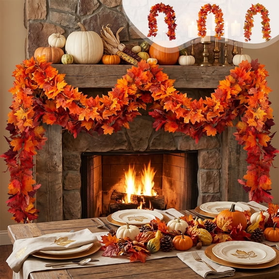 UALSRZL Fall Leaf Garland, 69in Fall Decor Maple Garlands, Artificial Leaves Garland for Autumn Halloween Home Office Classroom Party Decor, Orange