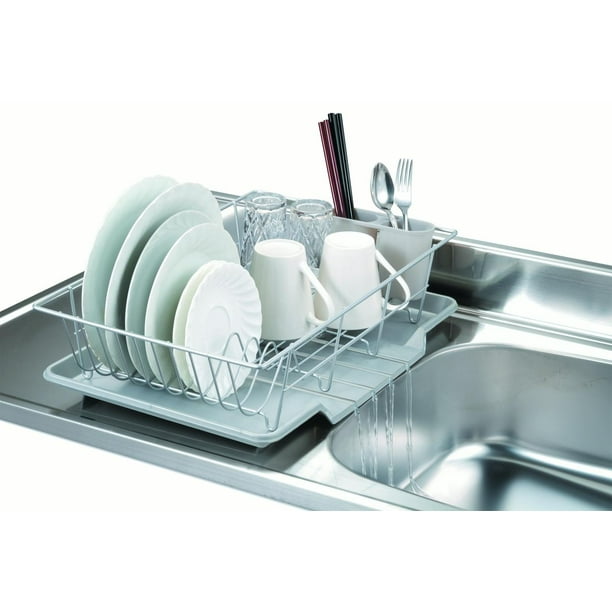 3 Piece Vinyl Coated Steel Dish Drainer with Drip Tray, Silver