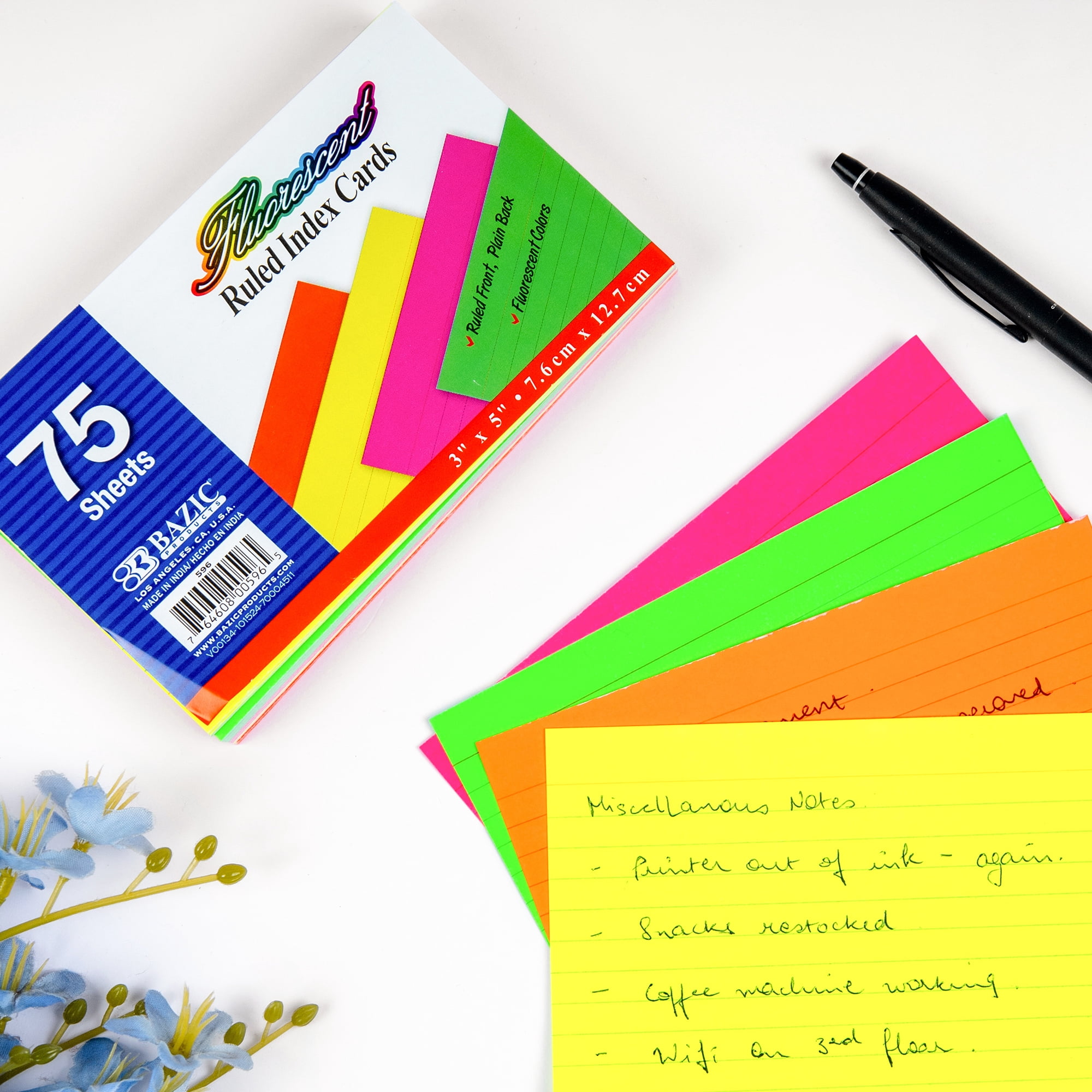 BAZIC Ruled Index Cards 3"X5" 2700 Count, Neon Ruled Lined Flashcards
