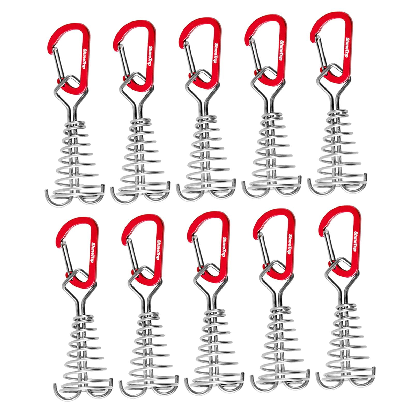 figatia 10 Pieces Deck Anchor Pegs with Carabiner Clips Camping Tent Nail Board Pegs Windproof Tent Rope Tightener for Outdoor Hiking Red