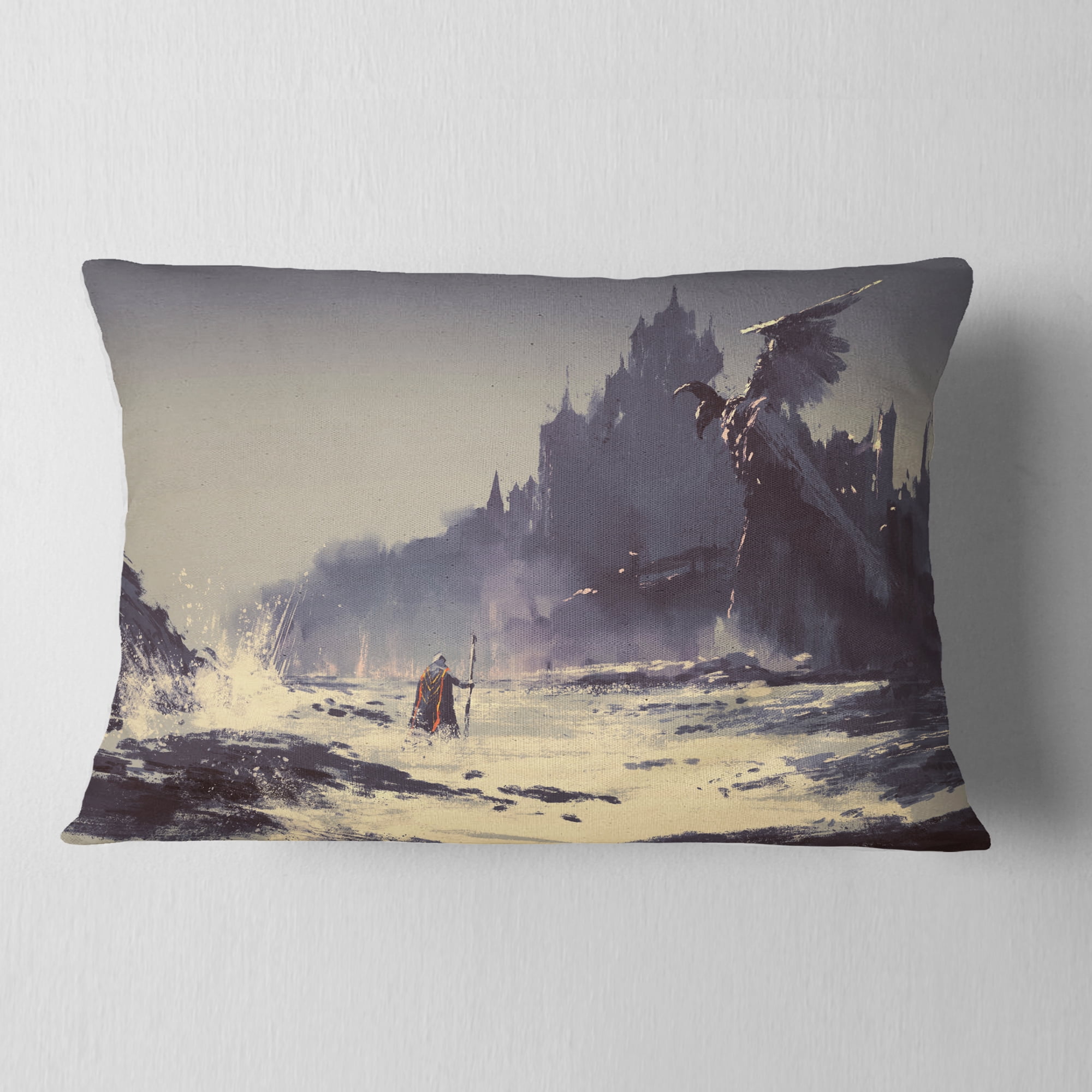 Designart Dark Fantasy Castle - Landscape Painting Throw Pillow - 12x20