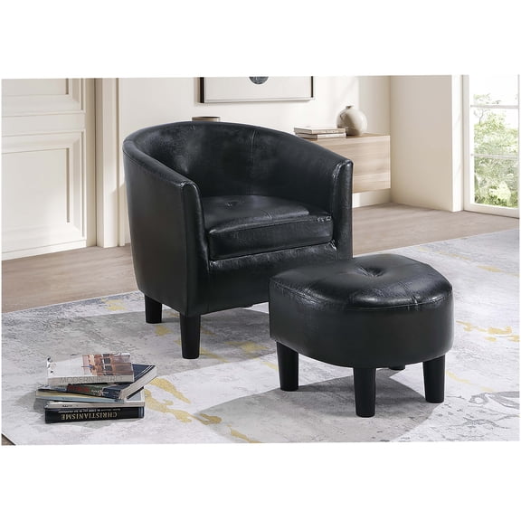 Modern Black Faux Leather Accent Chair with Ottoman, Compact Barrel Back Design for Living Room, Bedroom