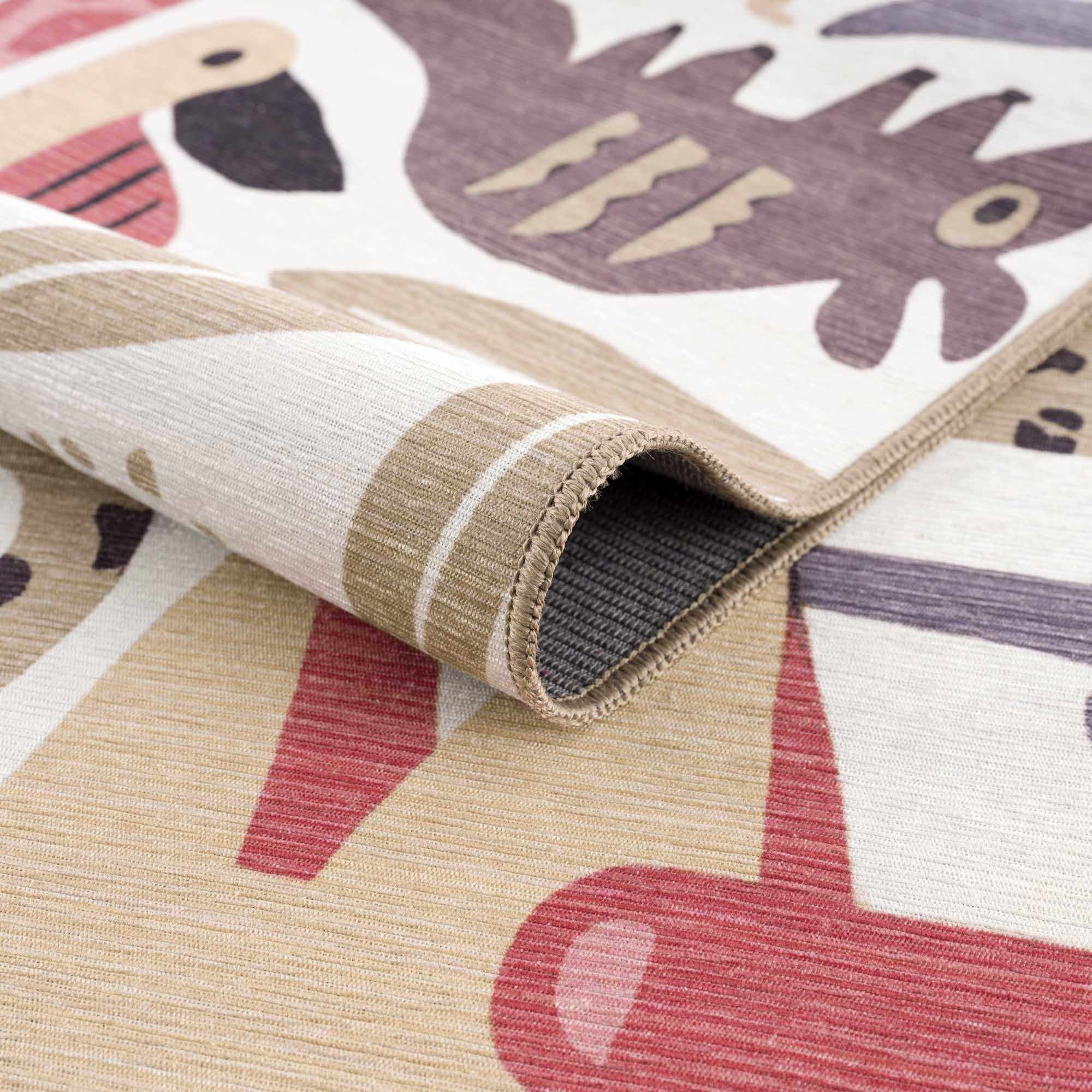 Hauteloom Natal Kids Room, Nursery Machine Washable Area Rug - Animals - Beige, Terracotta - 5'3" x 7'3"