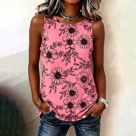 Yteetum Women's Summer Tank Tops Sleeveless Crewneck Floral Printed Shirts Womens Casual Loose Fits Lightweight Comfy Tanks