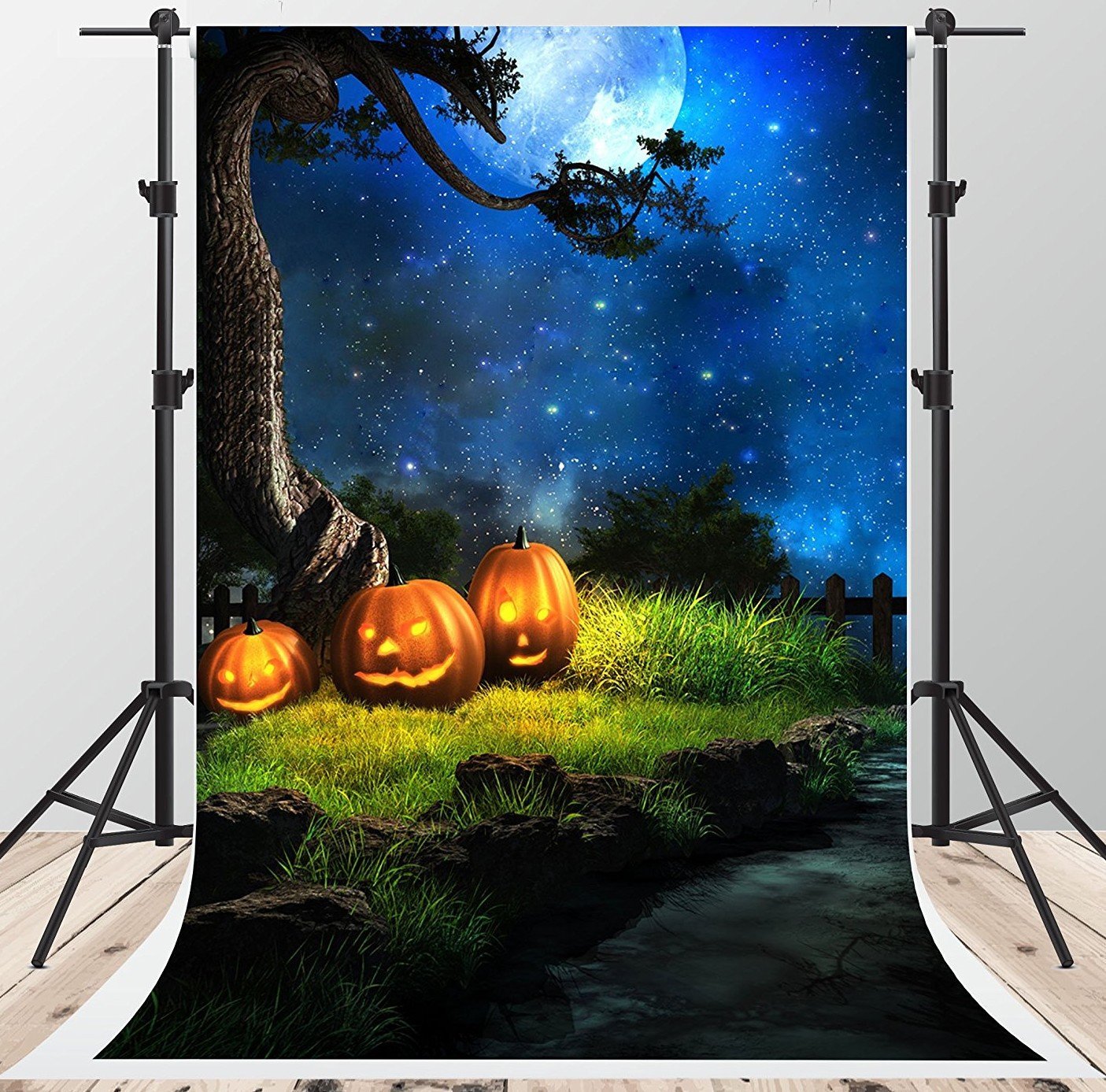 MOHome Polyster 5x7ft Night sky scenery pumpkins old tree backdrop