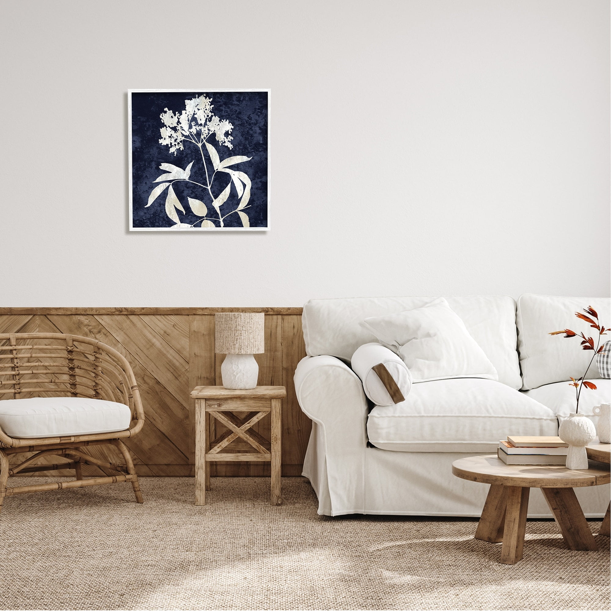 Stupell Industries Contemporary Flower Sprig Botanical Leaves Shapes Design Graphic Art White Framed Art Print Wall Art, Design by Danielle Carson