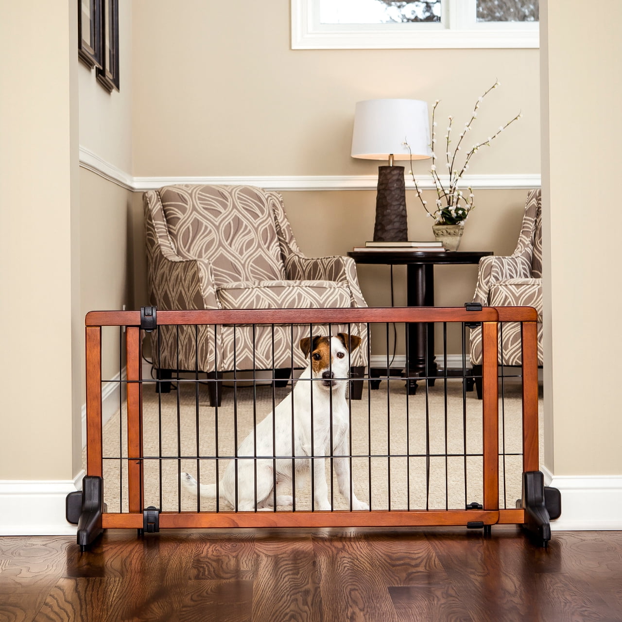 Carlson Pet Products Adjustable Freestanding Pet Gate, Premium Wood, Brown, 41"-70" L x 20" H