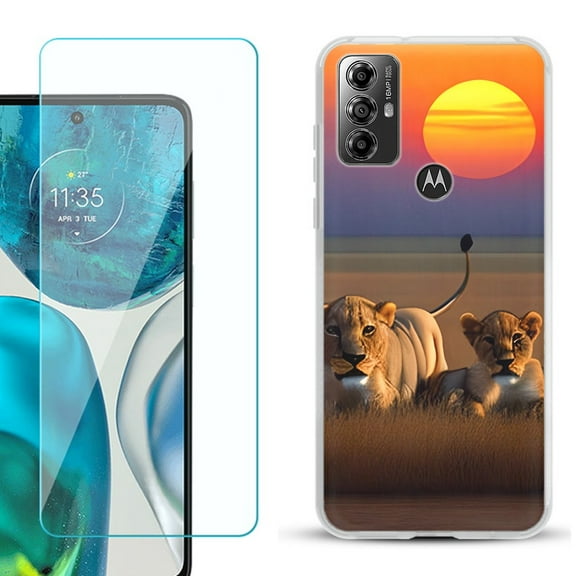 OneToughShield ® for Motorola Moto G Play 2023 Shockproof Fashion Phone Case, with Tempered Glass Screen Protector - Lion Sunset