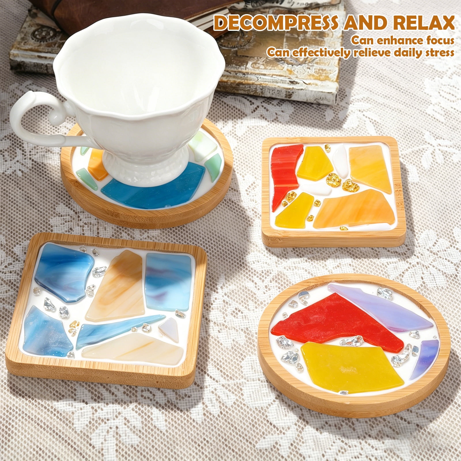 Austok 4 Pcs DIY Mosaic Kit for Adult Glass Tile for Craft with Bamboo Cup Pad for Women Mixed Color Mosaic Art Craft Cup Mat Project Handmade Making Kit Set for Home Decor Present