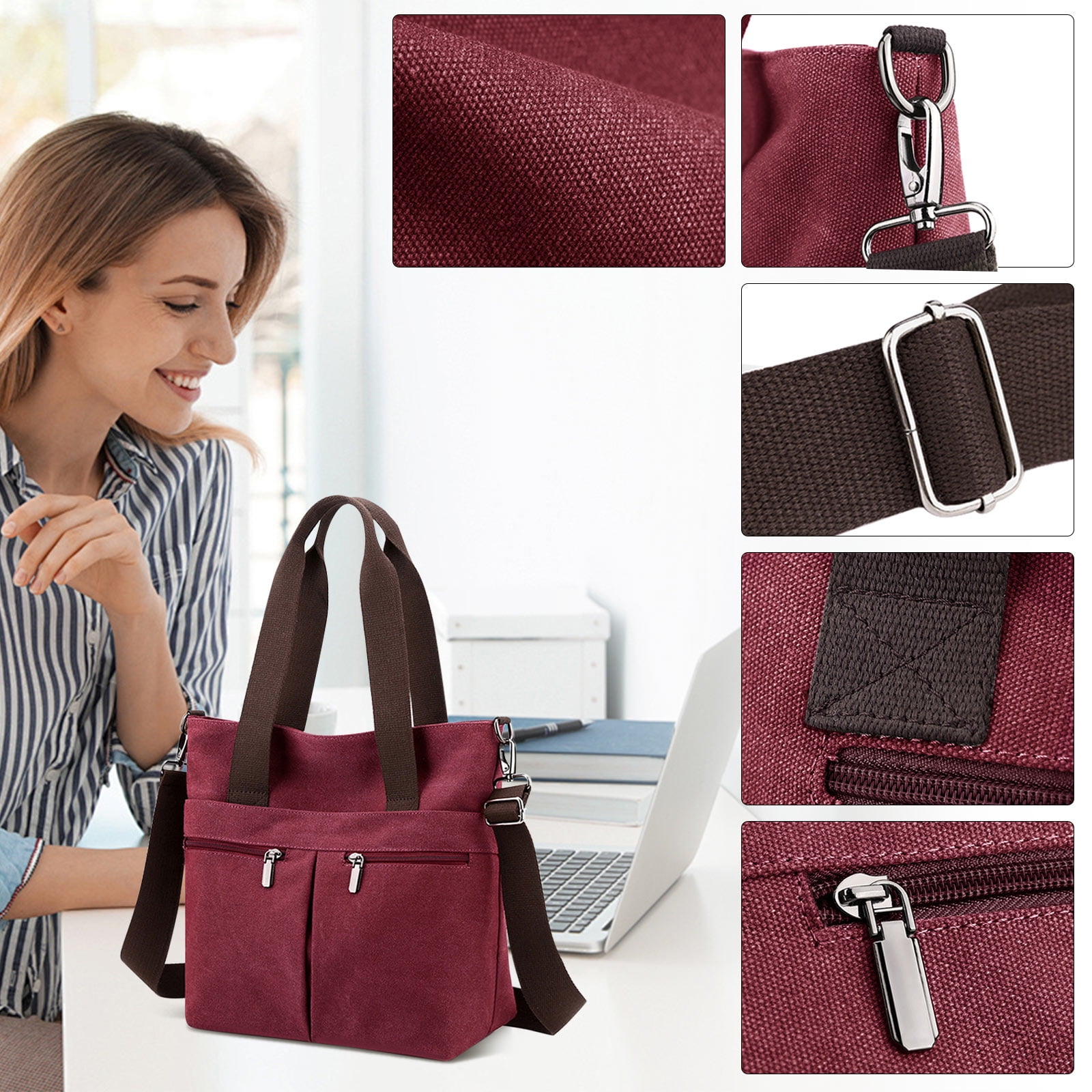 URSOFINE Women's Handbag Canvas Tote Bag Stylish Ladies Purse Lightweight Crossbody with Multi-Pocket & Adjustable Strap Durable Hobo Bags for Work Travel College Shopping Commuting Everyday Use