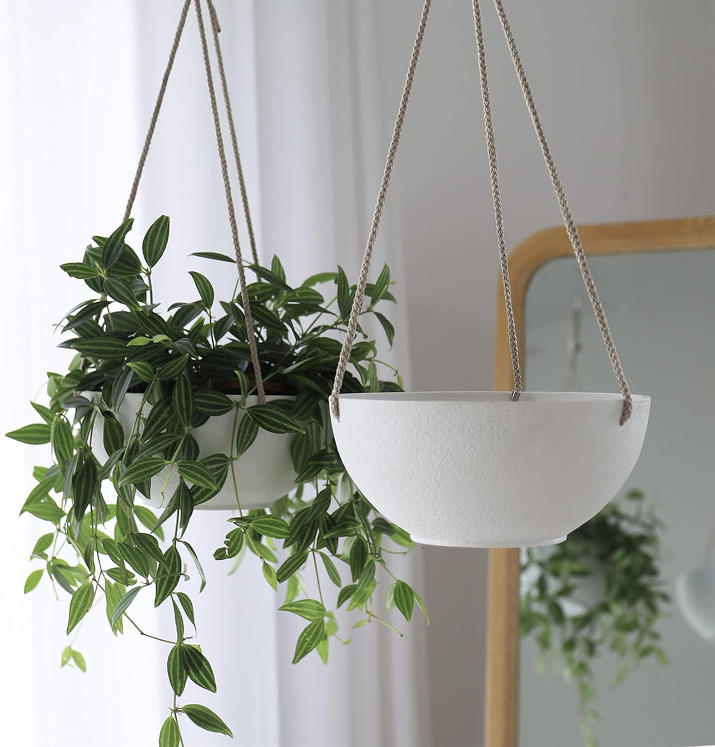 White Hanging Planter Basket - 8 Inch Indoor Outdoor Flower Pots, Plant Containers W/Drainage Hole, Pot for Plants, Pack 2