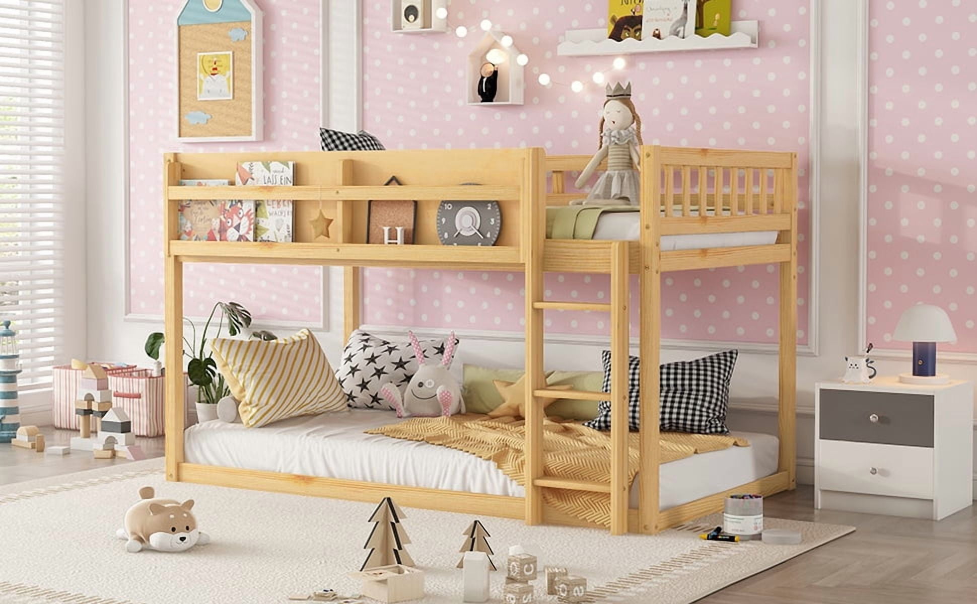 HOQBN Bunk Bed Twin Over Twin,Solid Wood Low Floor Bunk Bed with Ladder,Natural