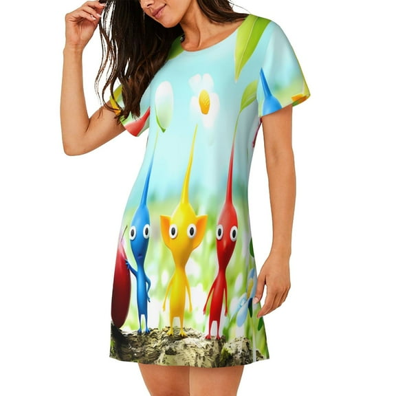 Saiise Women's Nightgown Sleepwear,Short Sleeve Pajama Dress,Pikmin Print Loungewear for Home and Sleep