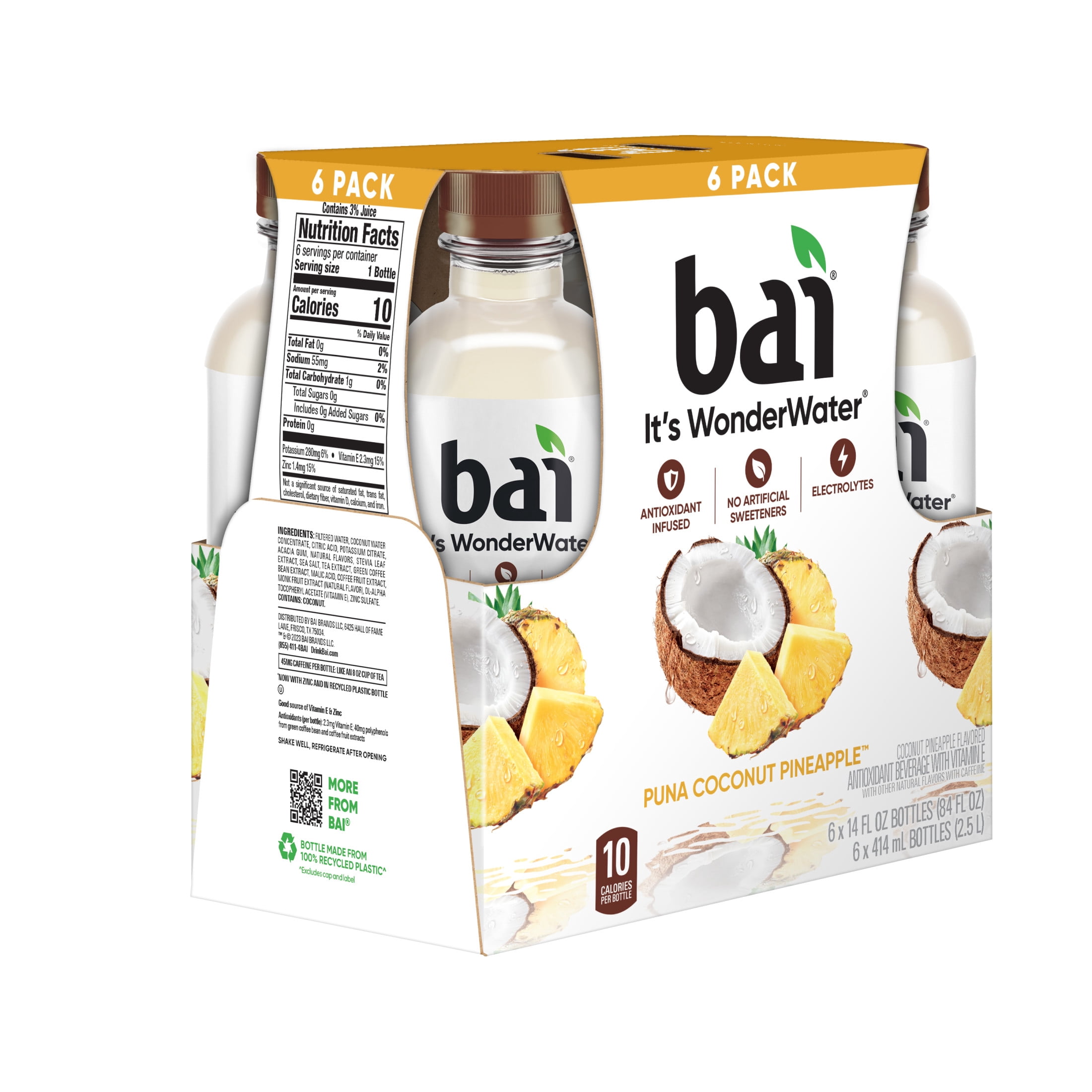 (2 pack) Bai Puna Coconut Pineapple Antioxidant Infused Water Beverage, 14 fl oz, 6 Pack Bottles