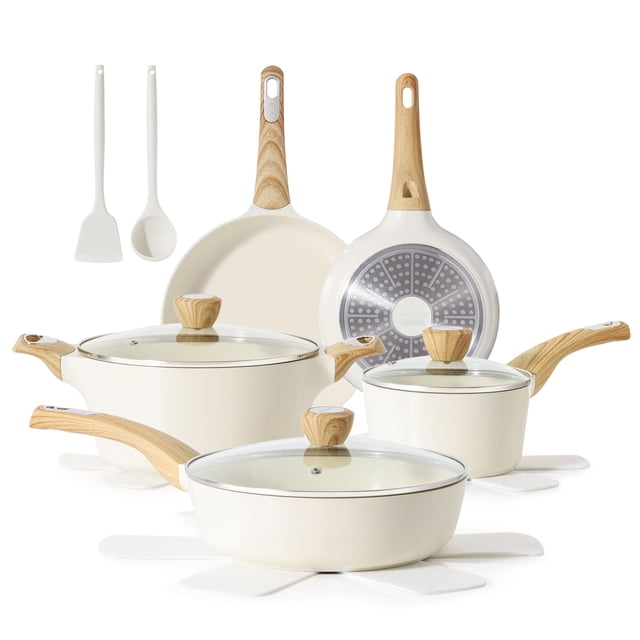juego de ollas y sartenes sensarte de 14 piezas, cerámica antiadherente, apto para inducción — Conjunto crema con revestimiento cerámico tipo granito; incluye sartenes de 20 cm y 24 cm, salteadora de 30 cm con tapa, cacerola 6.2 L con tapa, cazo 2 L con tapa, 2 utensilios multiusos y 4 protectores; mangos ergonómicos de baquelita con acabado tipo madera, tapas de vidrio templado con salida de vapor y base de acero inoxidable compatible con inducción; a menudo usado para cocinar porciones familiares y reducir el uso de aceite.