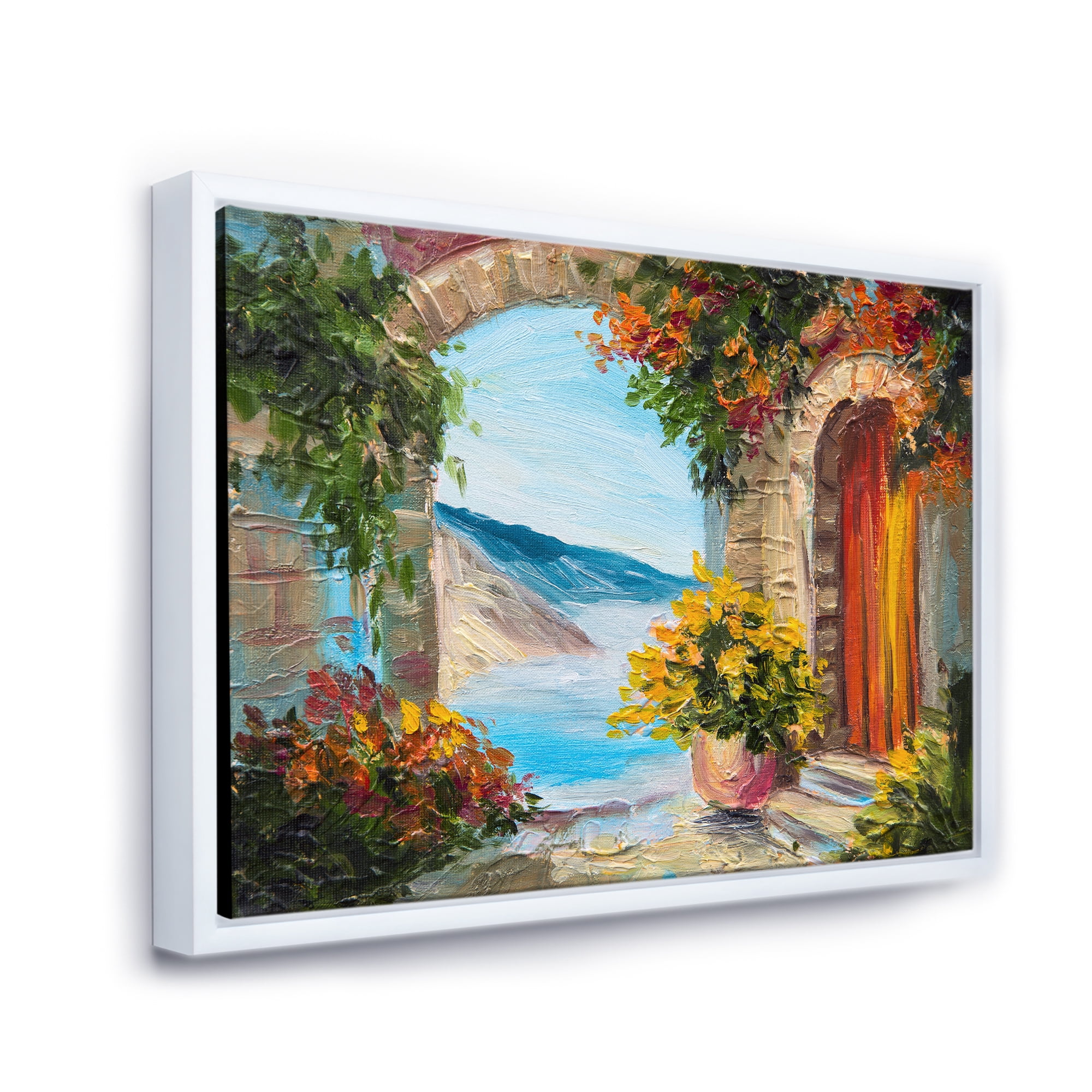 House With Colorful Flowers Near The Sea Summer Season 32 in x 24 in Framed Painting Canvas Art Print, by Designart