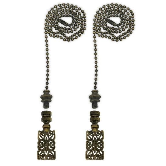 Royal Designs Fan Pull Chain with Rectangle Center Cross Filigree Finial – Antique Brass – Set of 2