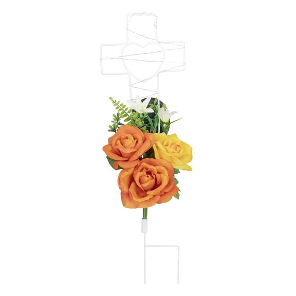 19-inch Artificial Silk Orange Rose Cemetery Led Stake, for Indoor/Outdoor Use, by Mainstays