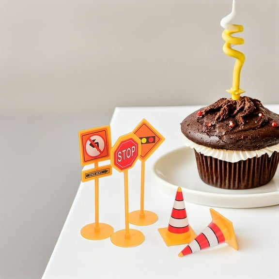 WEAVILUX 25pcs Construction Theme Birthday Party Cupcake Picks Road Sign Decorations Plastic Craft Supplies