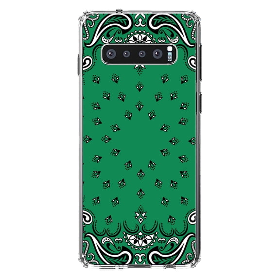 DistinctInk Clear Shockproof Hybrid Case for Samsung Galaxy S10  PLUS(6.4" Screen) - TPU Bumper, Acrylic Back, Tempered Glass Screen Protector - Bandana Print - Green,Black, White