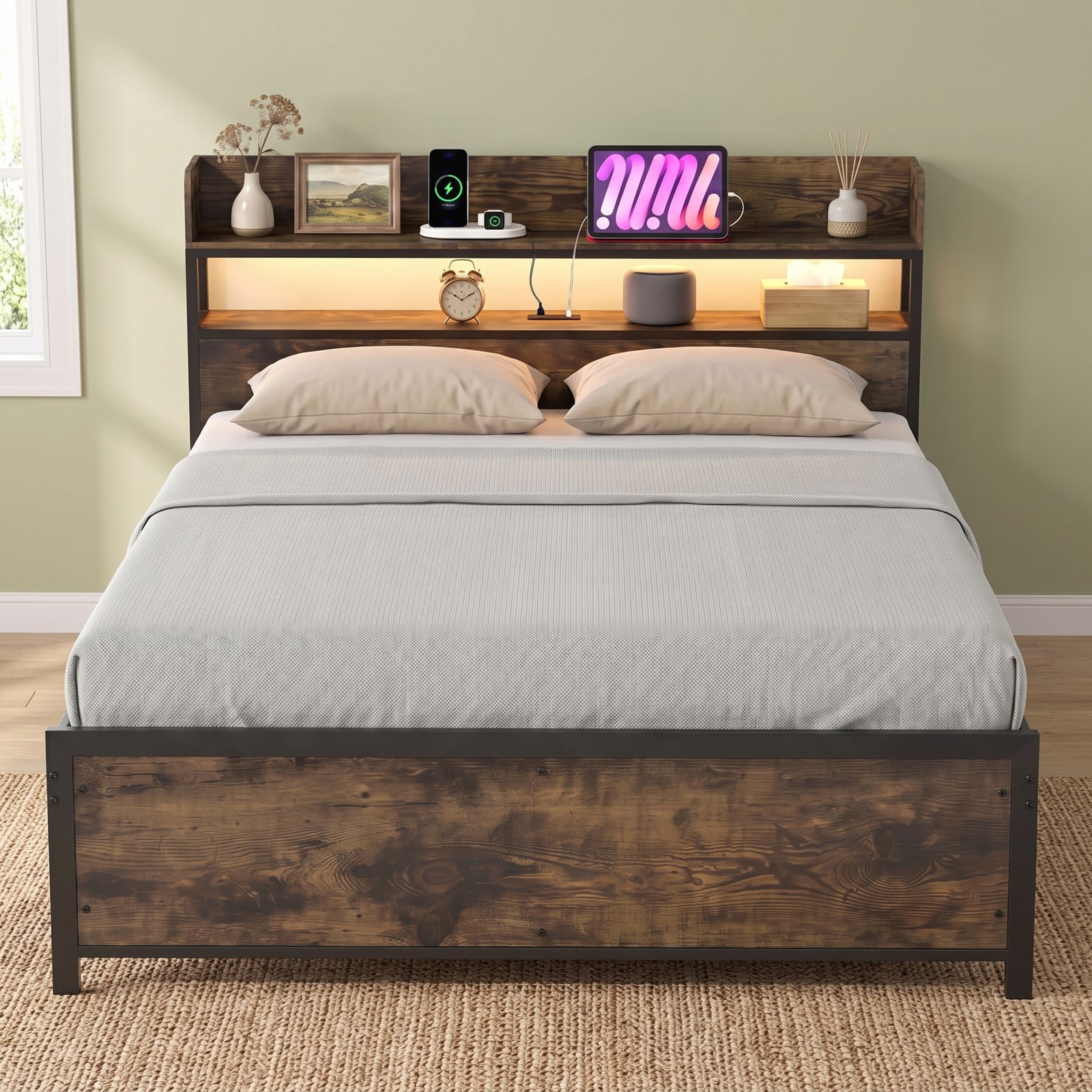 Furnibear Queen Size Bed Frame with Storage Headboard, LED Platform Bed Frame with Power Outlets and USB Ports, Rustic Brown